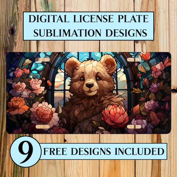 Stained Glass Teddy Bear Car License Plate Png Sublimation, Teddy Car License Plate Design, Digital Download, 12 x 6 Car License Plate