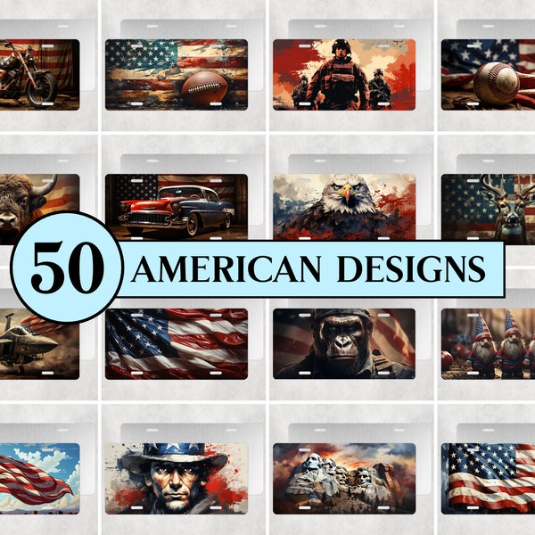 50 American Patriotic License Plate Designs Bundle, Car License Plate Wrap, PNG License Plate Bundle for Sublimation, Digital Download