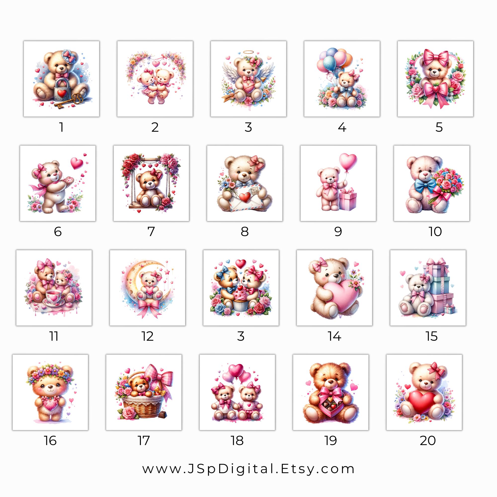 Valentines Day Teddy Bear Clipart PNG Bundle, Watercolor Pink Coquette ...