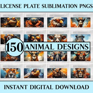 May include: A collage of 150 animal designs for license plate sublimation. The designs feature various animals wearing sunglasses, including a frog, crab, eagle, giraffe, cat, cow, bear, elephant, rhino, and tiger. The designs are in a colorful, abstract style with a watercolor effect.