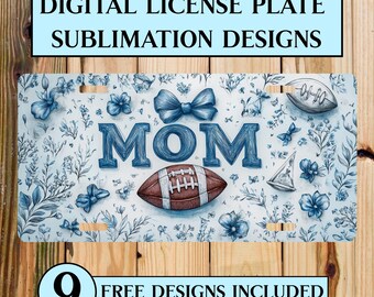 Football Mom License Plate PNG: Blue Coquette Bow Sublimation Design (Digital Download)