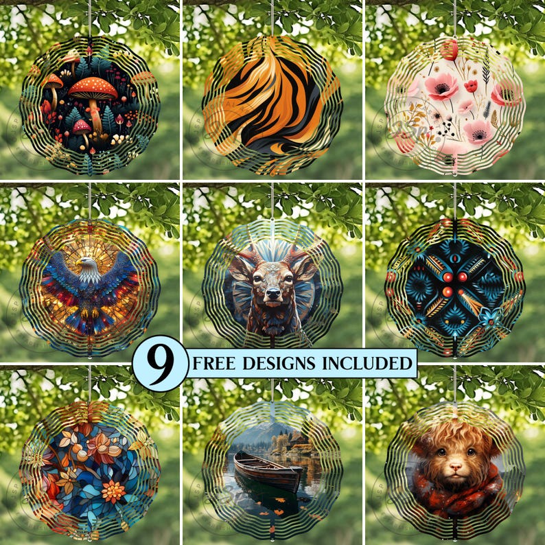 May include: Nine different designs of metal wind spinners. The designs include a tiger, a deer, a floral pattern, a mushroom forest, a stained glass style design, a lake scene, a highland cow, a geometric pattern, and an eagle.  The text "9 FREE DESIGNS INCLUDED" is displayed on the image.