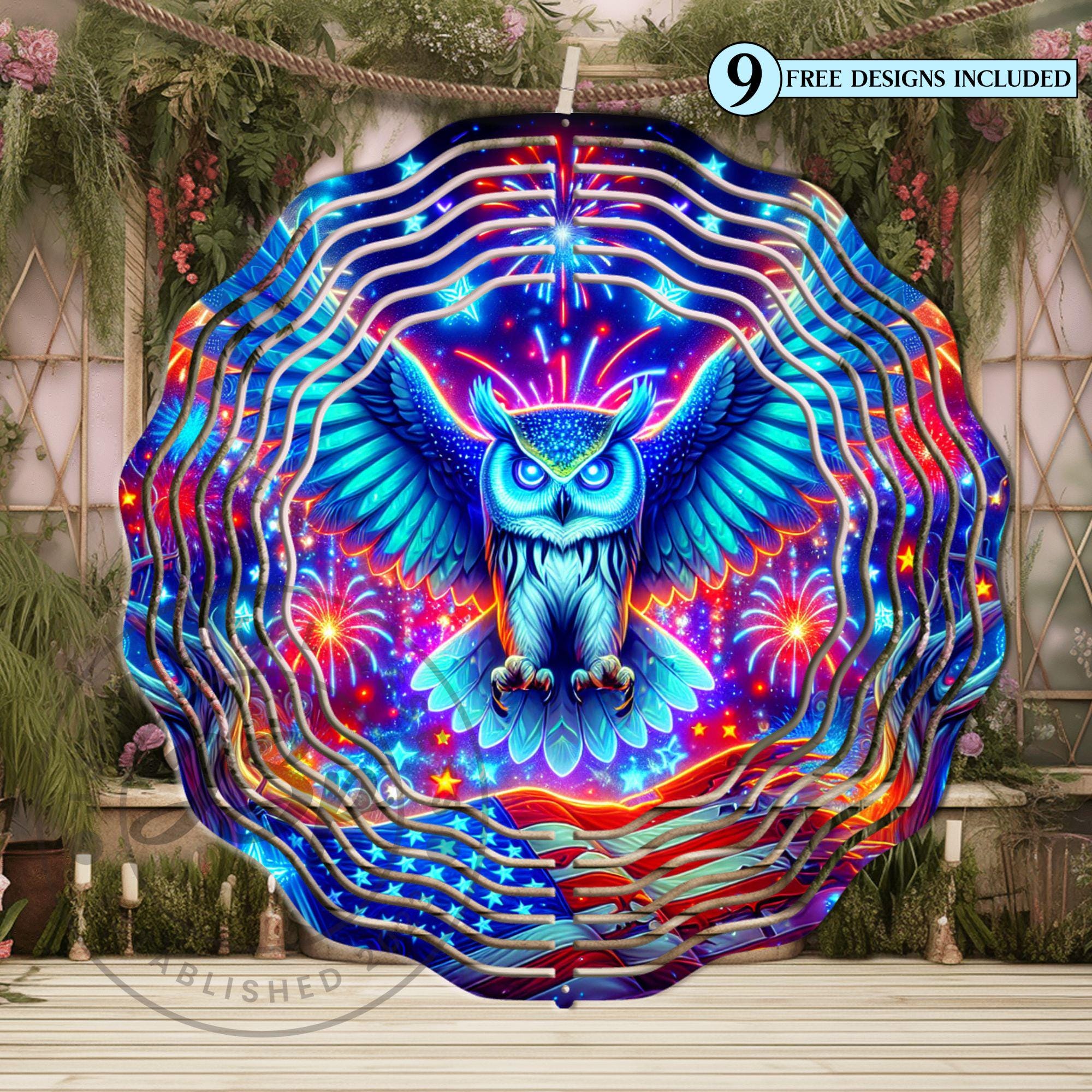 Patriotic Owl Wind Spinner PNG: American Flag 4th of July Sublimation (Digital Download)