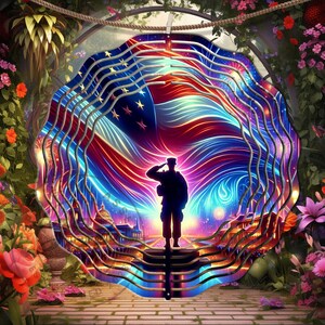 May include: A metal wind spinner with a silhouette of a soldier saluting in front of an American flag with fireworks. The flag is a swirling design of red, white, and blue.