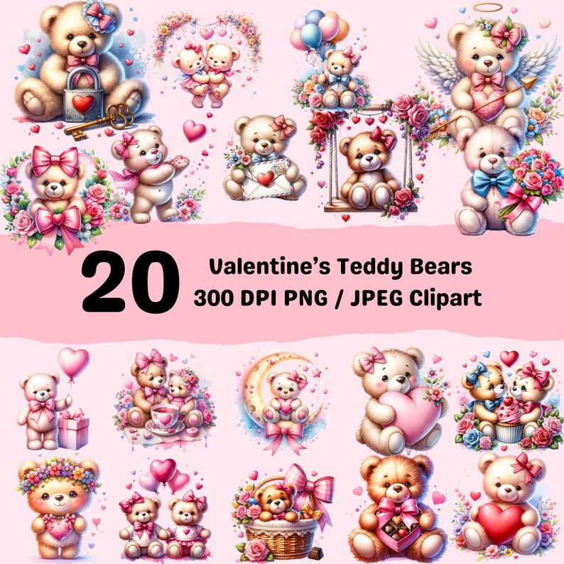 Valentines Day Teddy Bear Clipart PNG Bundle, Watercolor Pink Coquette ...