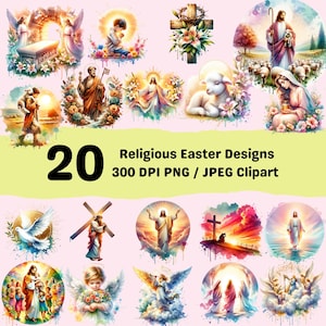 Paquete de imágenes prediseñadas PNG de Pascua religiosa, descarga digital instantánea de Jesucristo cristiano JPEG, uso comercial, diseño de imágenes prediseñadas PNG de acuarela
