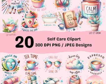Watercolor Self Care Clipart Set: Affirmation Relaxation Graphics (Digital Download)