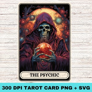 Psychic Tarot Card SVG PNG, Gothic Witchy Skeleton, Wicca Pagan Halloween Sublimation Design for Mugs, T-Shirts, Cards, Keyrings, Wall Art