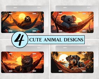 4 Cute Animals in Hammocks License Plate PNG Sublimation Design Bundle, Custom Car License Plate Wrap, Digital Download Sunset License Plate