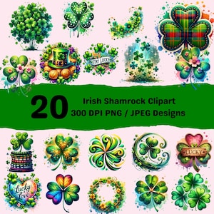 Shamrock Clipart PNG, St Patricks Day JPEG, Watercolor Lucky Irish Clover Design, Whimsical Saint Patrick&#39;s Day Clipart PNG Design Bundle