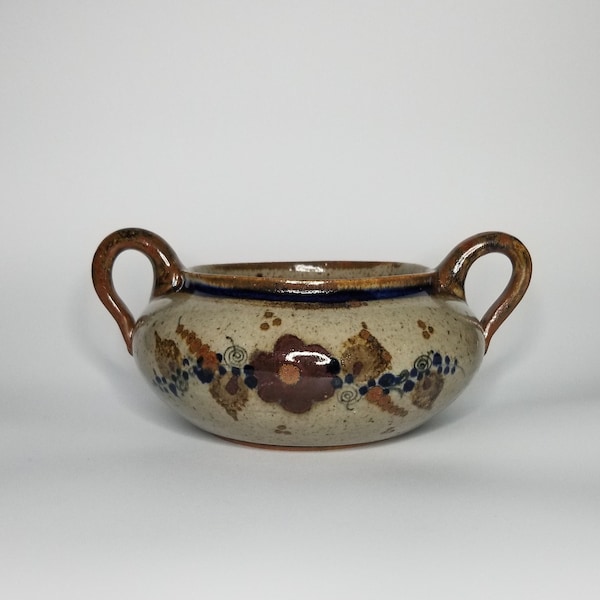 TONALA 2 Handled Soup Bowl/Pottery Bowl Floral Design/ Mexico Stoneware Serving Bowl/ Boho/Rustic