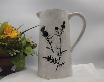 PITCHER Melrose International Rustic Etched THISTLE Ceramic Pitcher Vase