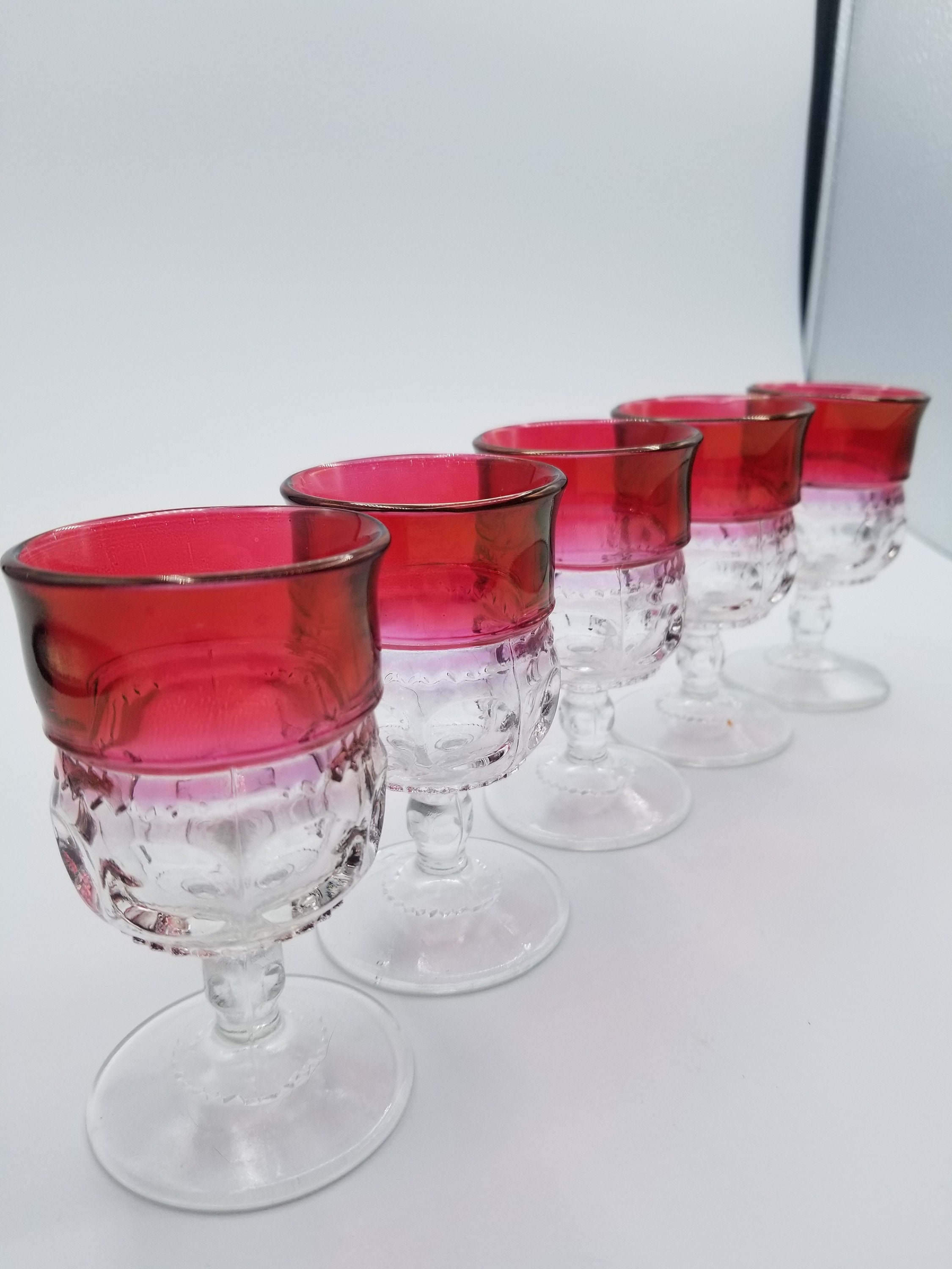 Set of 4 Wine Glasses, Kings Crown or Thumbprint Pattern, Ruby Flashed,  Vintage Colony Glass, Indiana Glass 