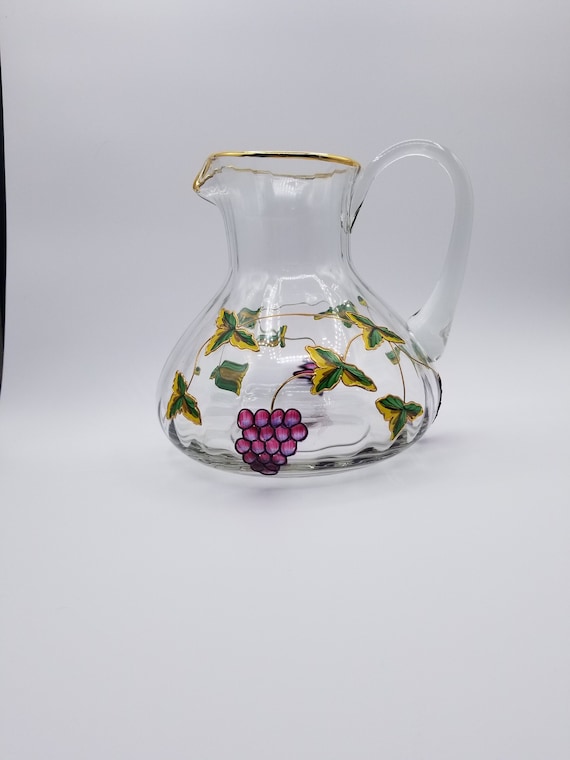 White Milk Glass Pitcher With Clear Glass Handle And Embossed Fruit Vintage