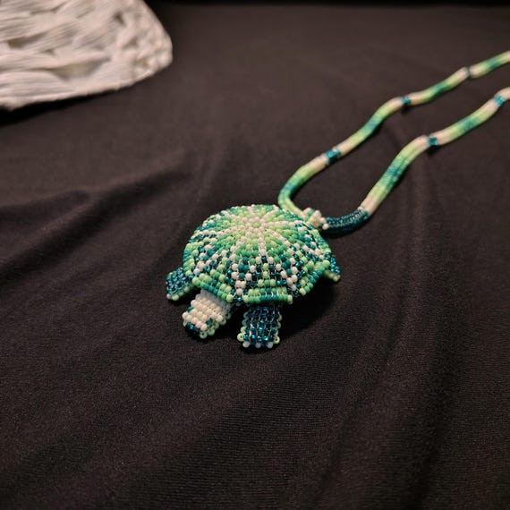 Beaded Turtle Rosette Figurine Necklace Beadwork Animal Art Piece 