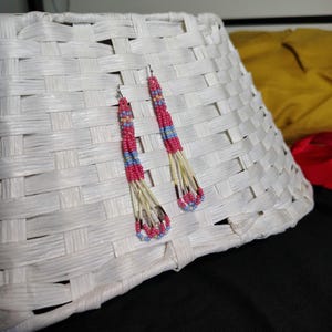 May include: A pair of pink and blue beaded earrings with feathers hanging from the bottom.