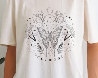 Mystical Butterfly Shirt Mushroom Shirt Green Witch Shirt Celestial Moon Fairycore Shirt Goblincore Clothing Forestcore Aesthetic Witchy