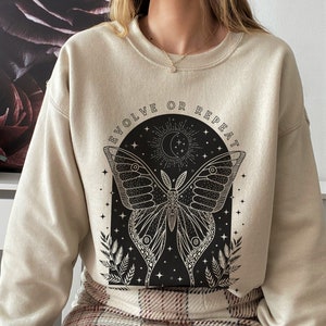 Mystical Moth Sweatshirt Celestial Witch Sweatshirt  Dark Academia Moon Phase Sweatshirt Witchy Aesthetic Clothing Goblincore Clothing