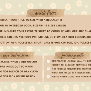 May include: A graphic with information about a unisex t-shirt. The text includes details about sizing, fabric composition, care instructions, and printing methods. The graphic has a floral background.