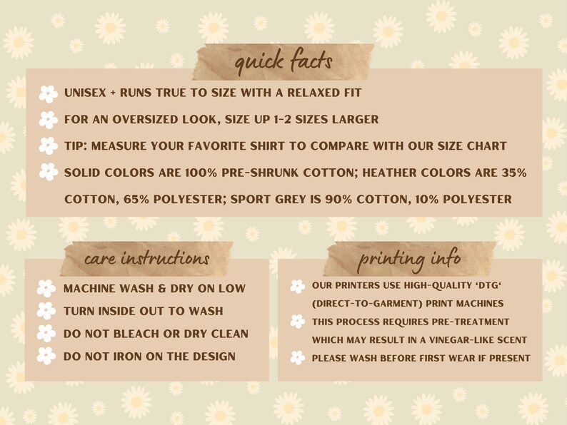 May include: A graphic with information about a unisex t-shirt. The text includes details about sizing, fabric composition, care instructions, and printing methods. The graphic has a floral background.