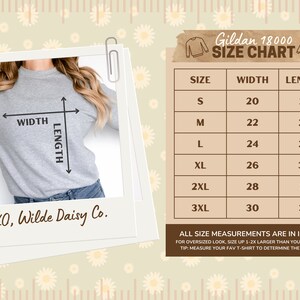 May include: A size chart for Gildan 18000 sweatshirts, showing width and length measurements in inches for sizes S through 3XL. The chart is on a beige background with a floral pattern.