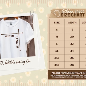 May include: A size chart for Gildan 64000 t-shirts, showing width and length measurements in inches for sizes S through 3XL. The chart includes a note that for an oversized look, size up 1-2x larger than your usual fit. It also suggests measuring your favorite t-shirt to determine the best size.