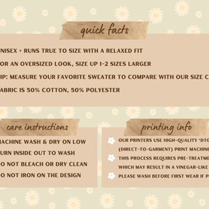 May include: A graphic with information about a unisex t-shirt. The text includes "quick facts", "care instructions", and "printing info". The graphic has a floral background with daisies.