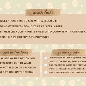 May include: A graphic with information about a unisex t-shirt. The text includes "quick facts", "care instructions", and "printing info". The graphic has a floral background with daisies.