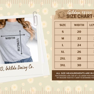 May include: A size chart for Gildan 18000 sweatshirts, showing width and length measurements in inches for sizes S through 3XL. The chart includes a tip to measure a favorite t-shirt for the best fit.