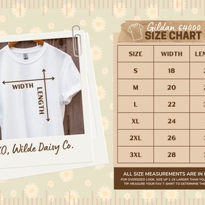 May include: A size chart for Gildan 64000 t-shirts, showing width and length measurements in inches for sizes S through 3XL. The chart includes a note that for an oversized look, size up 1-2x larger than your usual fit.  It also suggests measuring your favorite t-shirt to determine the best size.