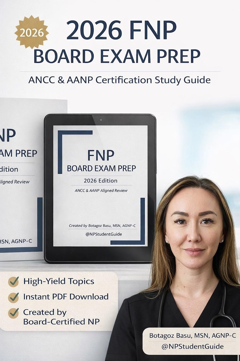 May include: A digital tablet displays the title "2026 FNP Board Exam Prep" with "ANCC & AANP Certification Study Guide." The cover features the text "FNP Board Exam Prep, 2026 Edition." A woman in a black top is in the image.
