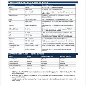 May include: A medical reference chart titled "Chapter 16 - Lab Interpretation" with tables detailing lab values, normal ranges, and board significance. Includes Hepatitis B serology information. The chart is designed for medical professionals.