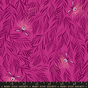 May include: A vibrant magenta fabric featuring a repeating pattern of stylized leaves and insects. The leaves are in varying shades of magenta, and the insects have white wings and golden accents. The design is a modern take on a botanical theme.