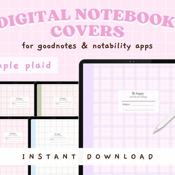 Simple Plaid Digital Notebook Covers, Set of 5 Goodnotes Covers, Notability Covers, Aesthetic Pastel Notebook, Gingham Tartan Notebook iPad