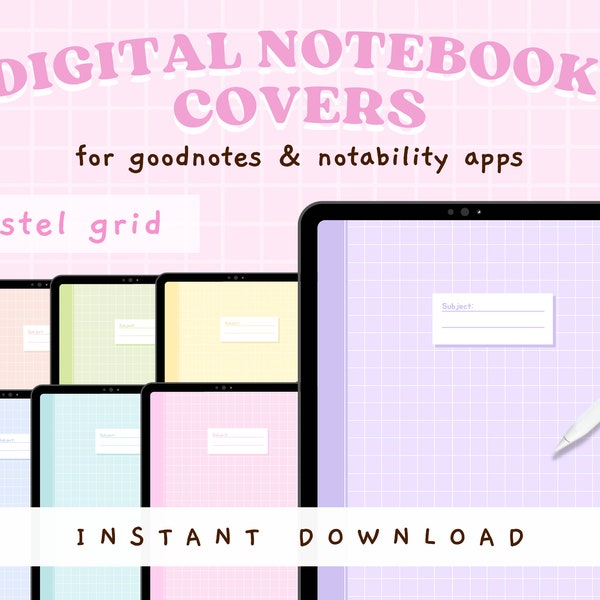 Minimal Pastel Grid Notebook Covers, Set of 7 Digital Notebook Covers, Aesthetic Goodnotes Covers, Digital Notebooks Cute Notability Covers