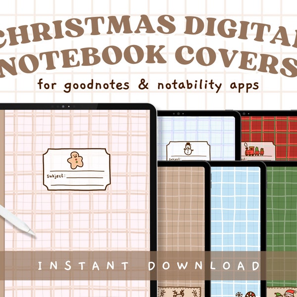 Christmas Digital Notebook Covers, Illustrated Goodnotes Covers, Set of 6 Cute Christmas Notebook Covers, Tartan Notability Covers, iPad