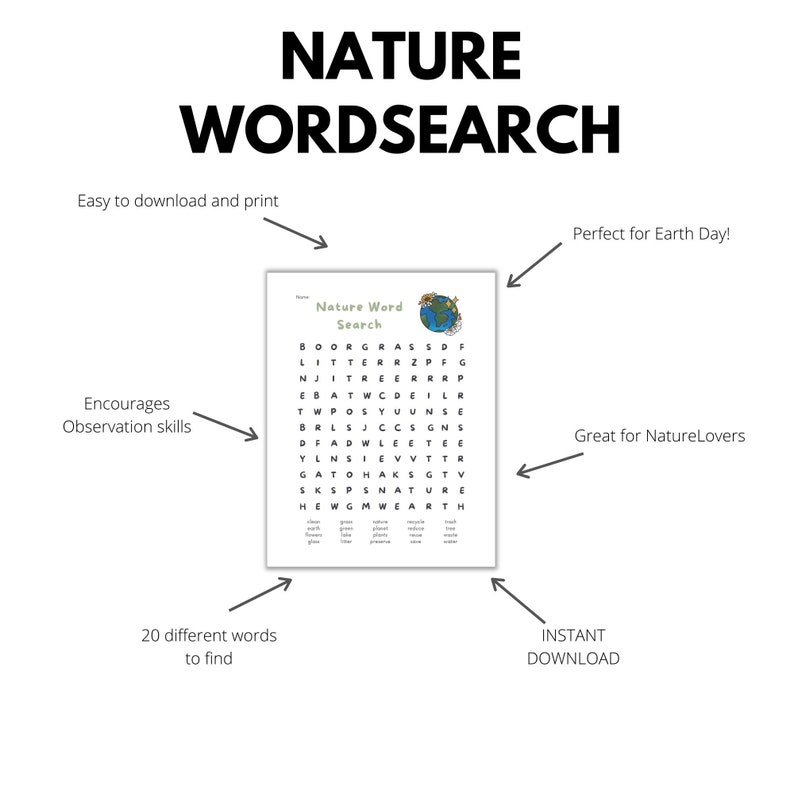 Nature Word Search Printable Teaching Resources Preschool Etsy Canada