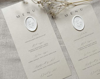 Menu card with wax seal – Luxury menu cards for wedding – Menu card wedding day – Menu card Hochzeit with seal – 210x99 mm