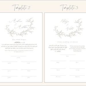 K&ouml;nnte beinhalten: Vier druckbare Hochzeitszertifikatsvorlagen mit einem floralen Kranzdesign. Jede Vorlage zeigt die Namen eines anderen Paares und einen anderen Text.