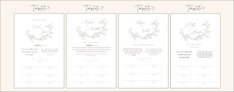 K&ouml;nnte beinhalten: Vier druckbare Hochzeitszertifikatsvorlagen mit einem floralen Kranzdesign. Jede Vorlage zeigt die Namen eines anderen Paares und einen anderen Text.