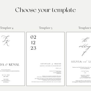 Pu&ograve; includere: Tre modelli di invito di nozze con layout diversi. Il modello 4 presenta un monogramma con le iniziali "F" e "K" e i nomi "Funda & Kemal". Il modello 5 presenta i nomi "Soufian & Imane" e la data "02 12 23". Il modello 6 presenta il testo "Il matrimonio di" e i nomi "Silvia e Liano".
