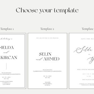 Pu&ograve; includere: Tre modelli di invito di nozze con stili diversi. Il primo modello presenta un design semplice con i nomi "Melda e Bekircan" in testo nero. Il secondo modello presenta i nomi "Selin e Ahmed" in testo nero. Il terzo modello presenta i nomi "Selda e Yunus" in scrittura corsiva.