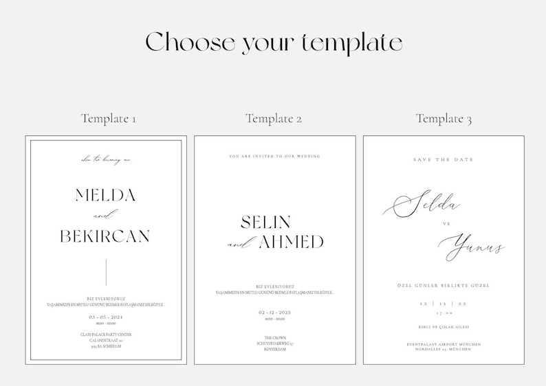 Pu&ograve; includere: Tre modelli di invito di nozze con stili diversi. Il primo modello presenta un design semplice con i nomi "Melda e Bekircan" in testo nero. Il secondo modello presenta i nomi "Selin e Ahmed" in testo nero. Il terzo modello presenta i nomi "Selda e Yunus" in scrittura corsiva.