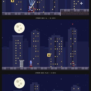 Może przedstawiać: Cyfrowa grafika przedstawiająca trzy sceny w stylu pixel art z nocnym krajobrazem miasta i pełnią księżyca. Etykiety tekstowe to Stream Deck MK2 - 15 Keys, Stream Deck XL - 32 Keys oraz Stream Deck Plus - 8 Keys. Każdy panel ukazuje postać w mieście.
