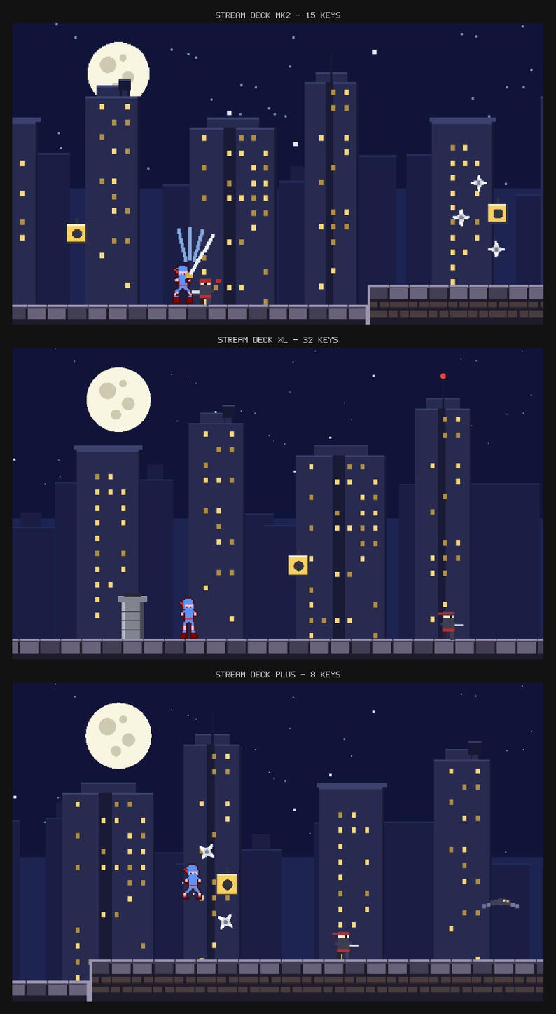Może przedstawiać: Cyfrowa grafika przedstawiająca trzy sceny w stylu pixel art z nocnym krajobrazem miasta i pełnią księżyca. Etykiety tekstowe to Stream Deck MK2 - 15 Keys, Stream Deck XL - 32 Keys oraz Stream Deck Plus - 8 Keys. Każdy panel ukazuje postać w mieście.