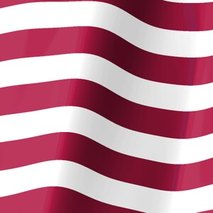 May include: A fabric material featuring a repeating pattern of horizontal stripes in deep burgundy red and crisp white. The surface of the textile displays gentle, flowing folds and curves that create a sense of movement across the entire visual field.