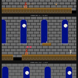 May include: A digital graphic display featuring three distinct pixel art game levels labeled STREAM DECK MK2 - 15 KEYS, STREAM DECK XL - 32 KEYS, and STREAM DECK PLUS - 8 KEYS. Each level shows a character in a stone castle with blue windows and a moon.