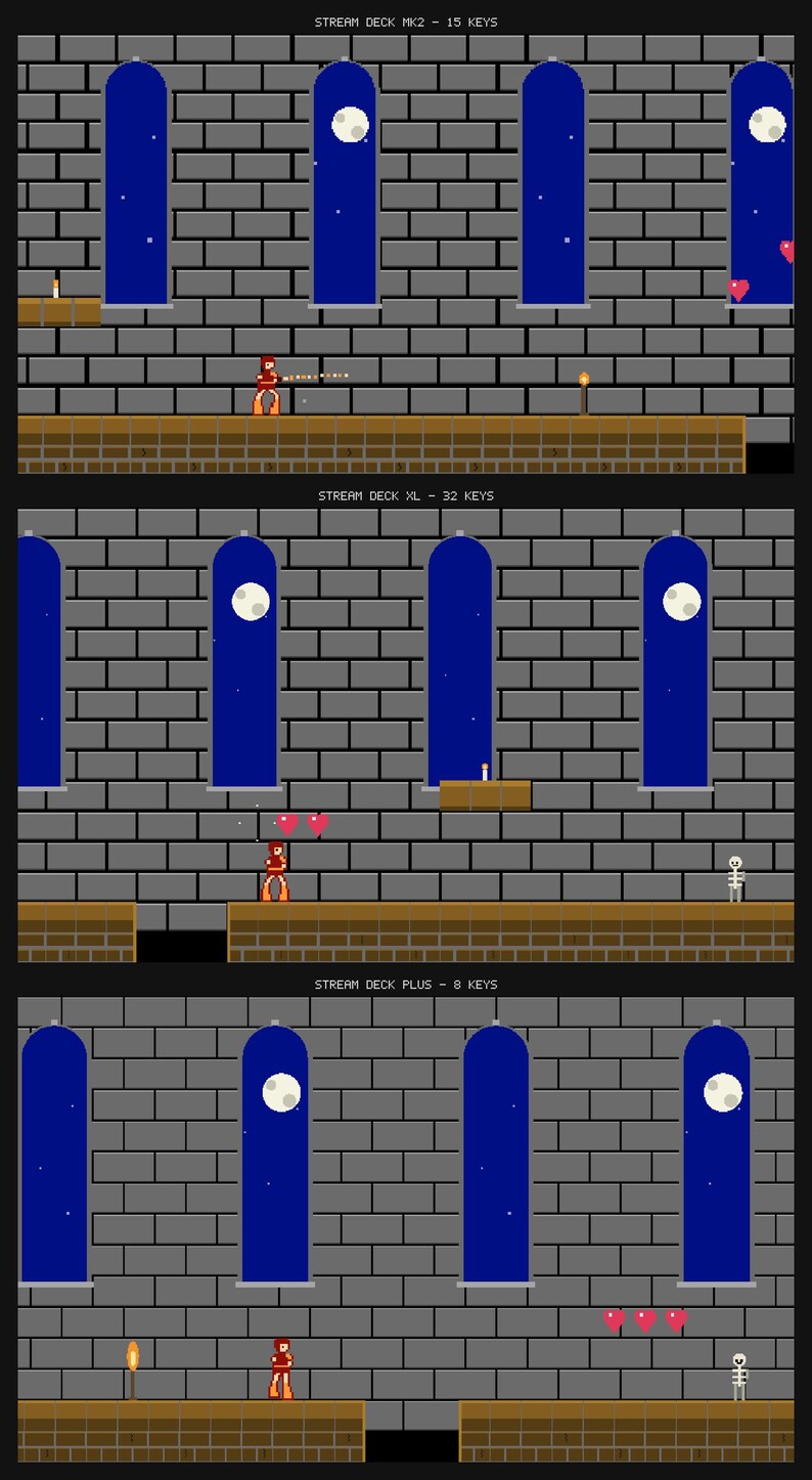 May include: A digital graphic display featuring three distinct pixel art game levels labeled STREAM DECK MK2 - 15 KEYS, STREAM DECK XL - 32 KEYS, and STREAM DECK PLUS - 8 KEYS. Each level shows a character in a stone castle with blue windows and a moon.