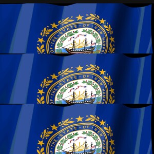 May include: A blue flag featuring the state seal of New Hampshire in the center. The seal displays a ship on water with a rising sun, surrounded by a laurel wreath and nine stars. The text reads THE STATE OF NEW HAMPSHIRE in a circular border.