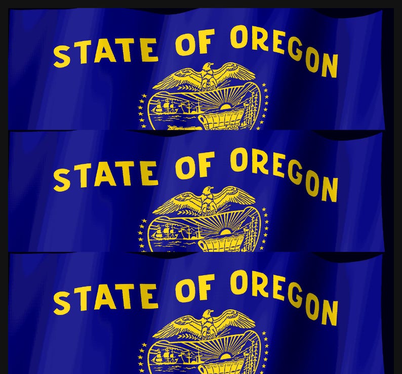 Może przedstawiać: Niebieska flaga z napisem STATE OF OREGON ż&oacute;łtymi wielkimi literami. Pod tekstem znajduje się ż&oacute;łty emblemat przedstawiający orła siedzącego nad tarczą zawierającą kryty w&oacute;z, słońce i statki na wodzie, otoczony trzydziestoma trzema gwiazdami.